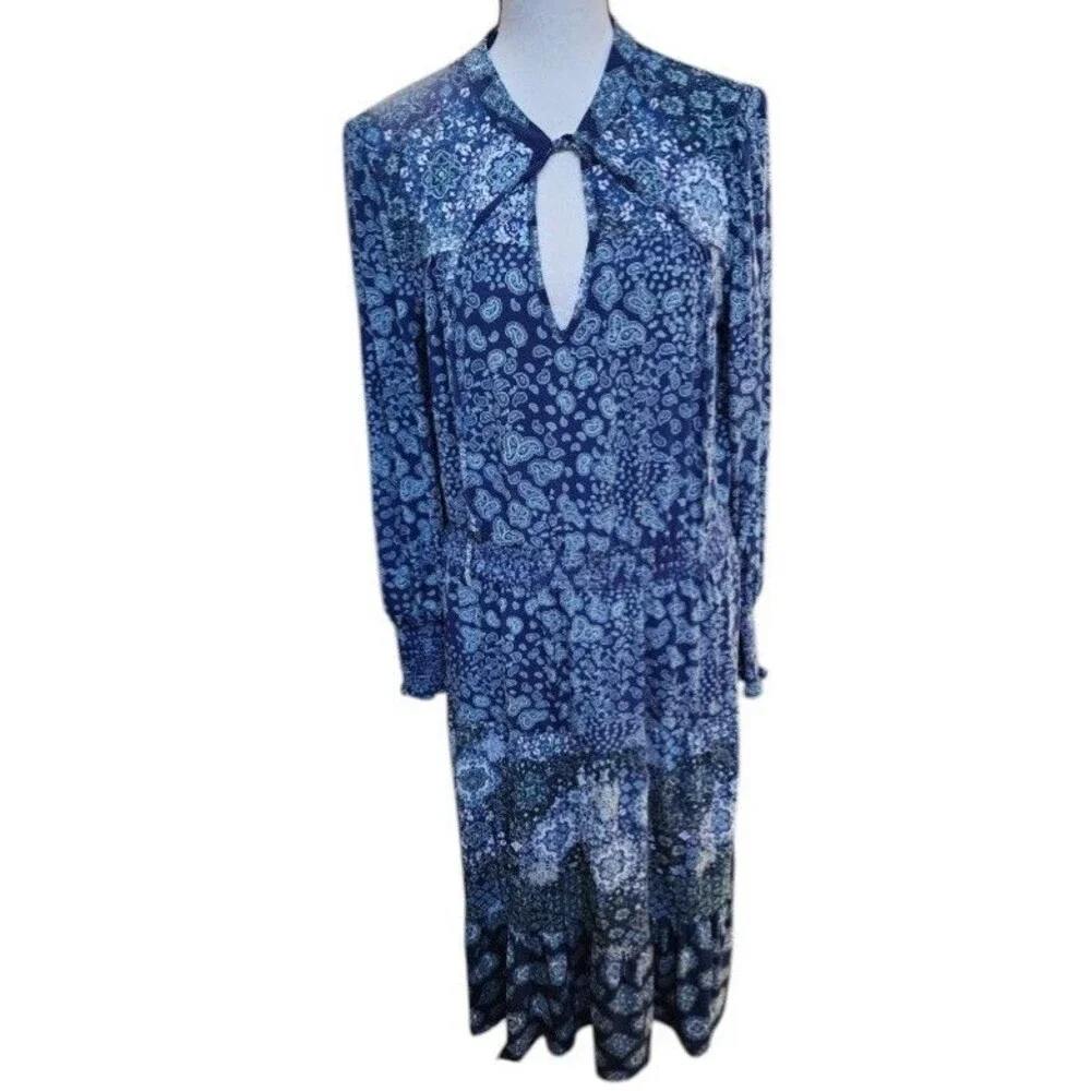Michael Kors Paisley Print Smocked Georgette Maxi Dress Size Large Cottagecore